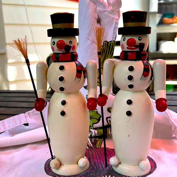 Christmas Candle Sticks Snowmen Painted Wood - Picture 1 of 13